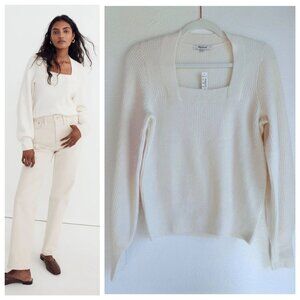 Madewell Women's SoftWool Ribbed Square-Neck Pullover Sweater in Heathered Ivory